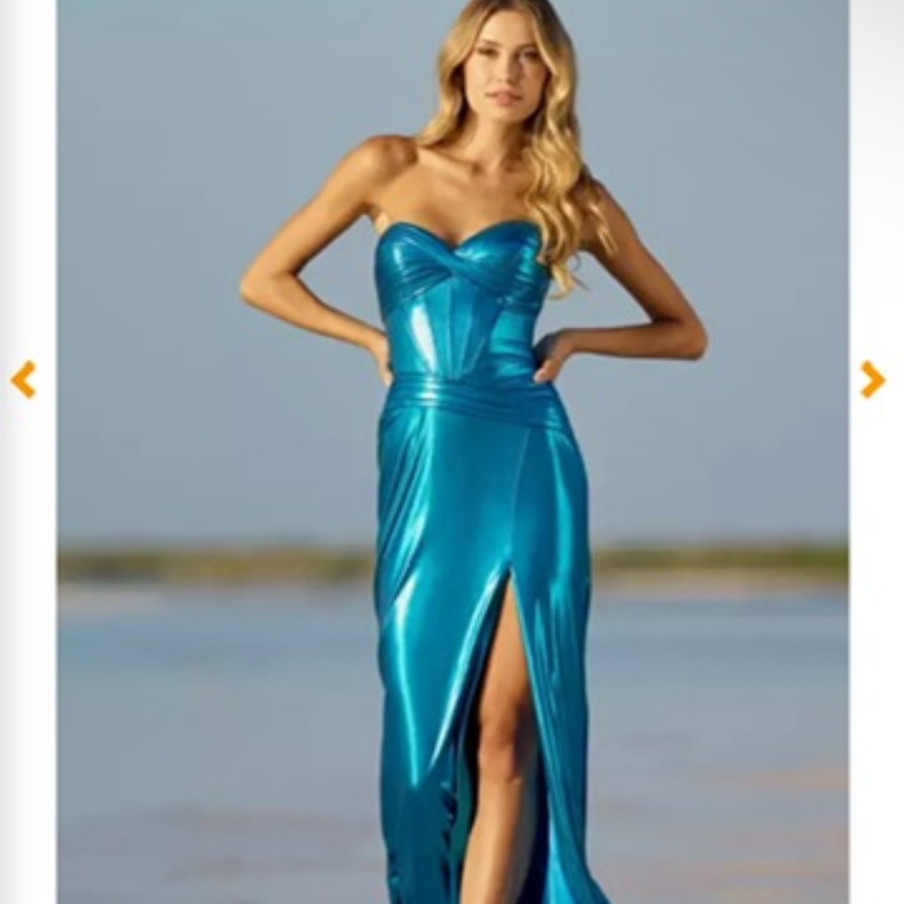Strapless Metallic Blue Gown